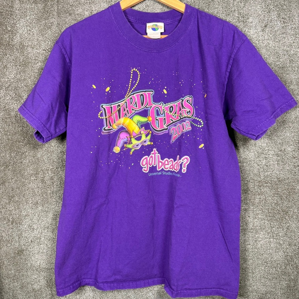 Vintage Universal Studios Florida Large Mardi Gras 2002 T-Shirt Purple Got Beads